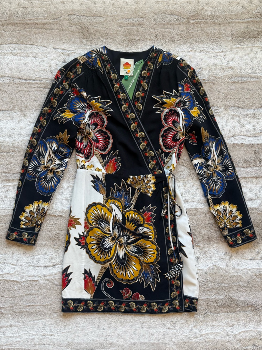 FARM Rio Floral Border Print Long Sleeve Wrap Minidress in Maxi Floral Black - Picture 5 of 16